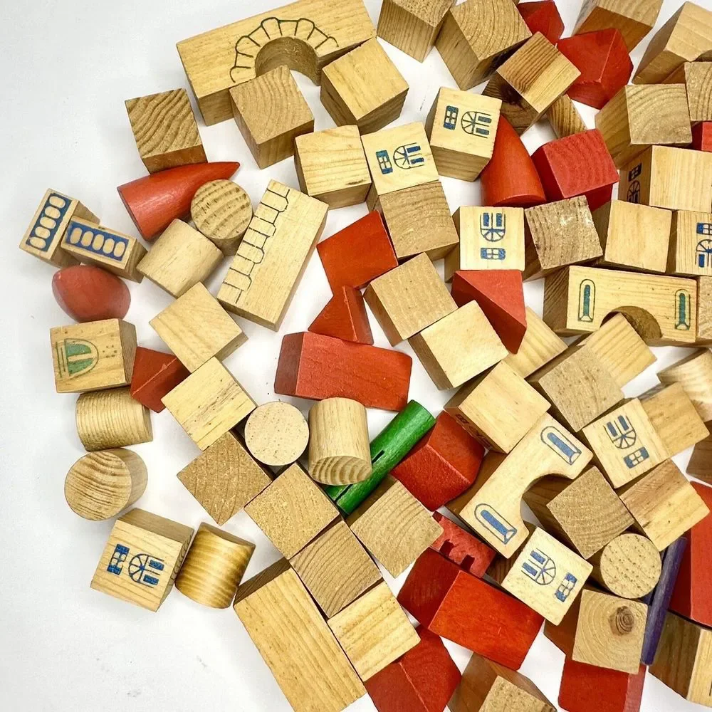 Vintage Building Blocks For Kids Town‎ Set 90 Pcs. Rounds, Rectangles, Triangles